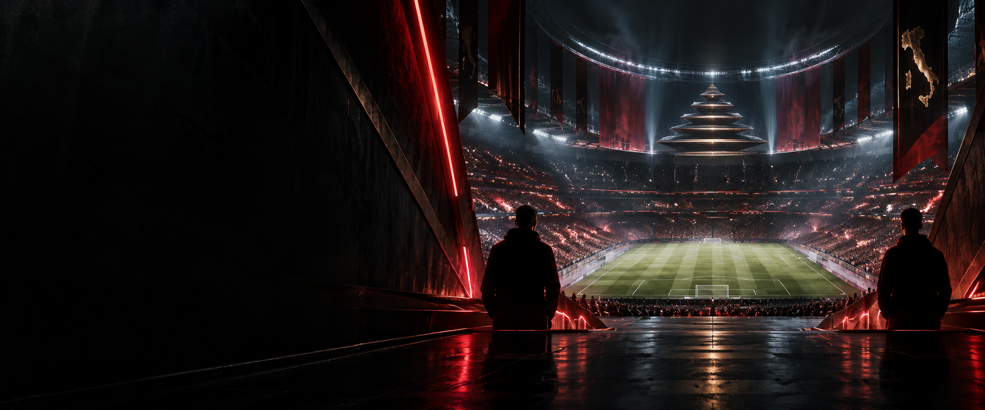 Arena competitiva illuminata dai colori rosso e nero di Rank-d